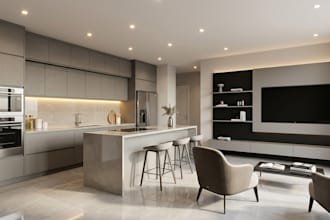 design modern kitchen cabinet, TV wall, media wall and 3d rendering