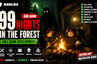 develop viral roblox game, sab game, 99 nights in the forest with roblox map