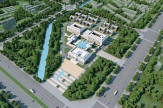 model 3d modern civic campus, mixed use space site development, landscape render