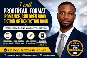 proofread, format, romance, children book, fiction or nonfiction book