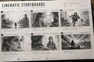 create cinematic storyboard illustrations for film, animation and ads