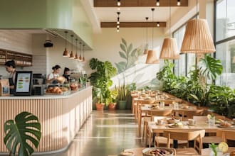 create restaurant office cafe interior and realistic 3d render
