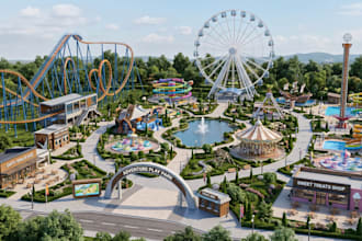 design 3d amusement park, theme play park render, funfair water, 2d master plan
