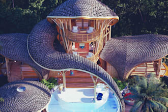 design 3d bamboo house, eco villa render, tropical house, bamboo architecture