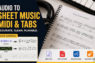 transcribe music audio, songs, piano into midi files and sheet music, guitar tab