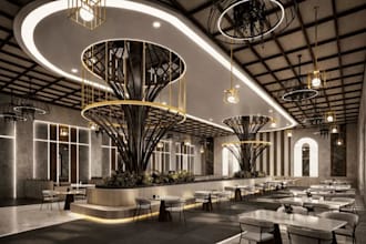 design high tech modern restaurant or bar, cafe layout, interior space rendering