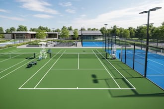 design 3d sport complex, 3d padel court, stadium design, 3d rendering