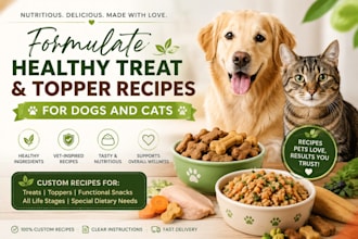 formulate healthy treat and topper recipes for dog and  cats