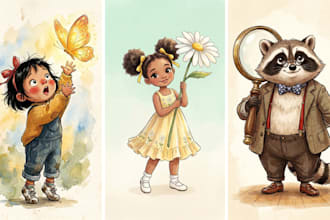 design whimsical children book character and illustrate storybook