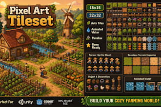 do 2d pixel art top down tileset, tilemap, animated sprite sheet, pixel assets