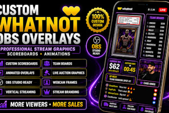 design custom whatnot obs overlays, scoreboards, stream graphics and animations
