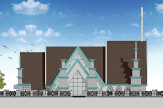 turn 2dplan to 3d revit bim model,modern catholic church,exterior concept layout