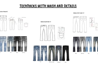 create detailed tech packs for denim jeans and jackets