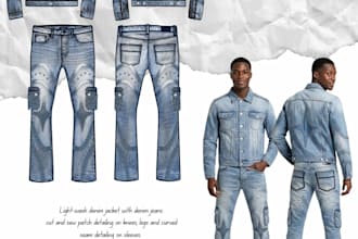 create detailed tech packs for denim jeans and jackets