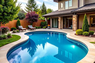 design modern 2d and 3d swimming pool, backyard, and luxury outdoor landscape