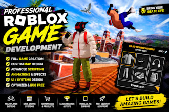 build full roblox game, roblox map design, scripting, animation, UI, multiplayer
