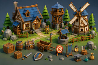 create low poly 3d modeling, game assets, props and environments