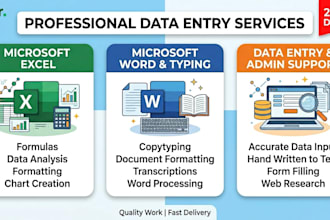 do fast data entry, PDF to excel, word, handwritten to text