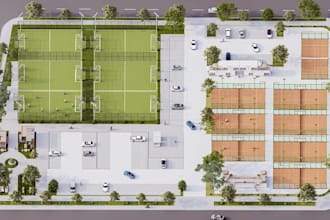 3d game court, soccer complex design,urban park layout, aerial sport club render