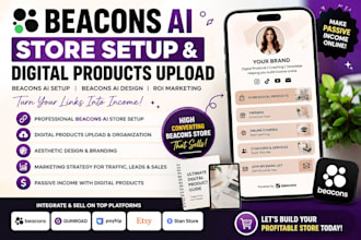 beacons store setup, beacons ai design, gumroad, payhip digital products upload