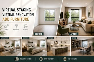 do real estate virtual staging, virtual renovation, add furniture to empty room