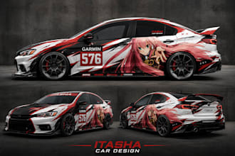 create racing car wrap, itasha wrap design with extreme creativity
