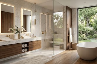 design modern bathroom interior, bathroom renovation, and photorealistic render