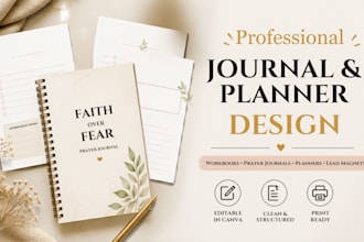 create prayer journal design, workbook design, planner design journal design