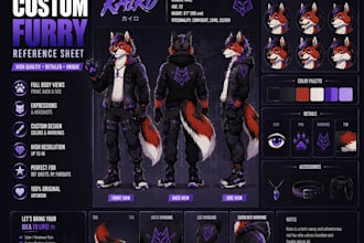 draw amazing fursona furry character and reference sheet