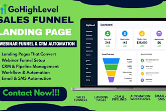 setup gohighlevel sales funnel, landing page, webinar funnel, crm automation