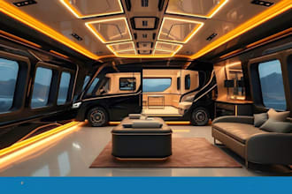 2d,3d motor home, luxury bus interior, sprinter conversion with cinematic render