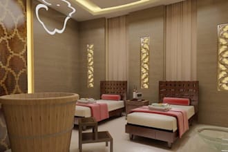 design a stunning 3d spa room, sauna, jacuzzi, fitness center, massage room
