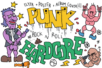 draw a weird cartoon punk, rnr, hardcore, flyer poster, album cover