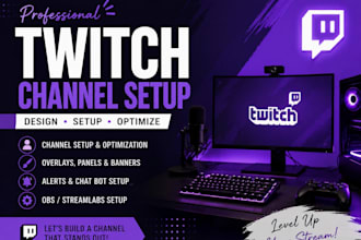 design your twitch banner, panel, overlay, branding, twitch emote, animate