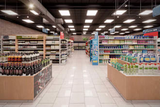 design 3d supermarket interior, food mart, grocery store, retail store design