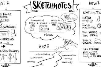 draw sketchnote visual notes, doodle infographic and hand drawn summary design