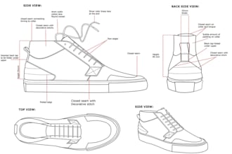 design tech pack for shoes, footwears, sneaker ready for manufacturing