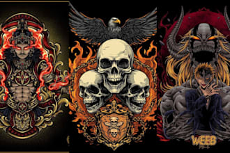 create vintage dark horror anime skull streetwear t shirt design heavy metal art