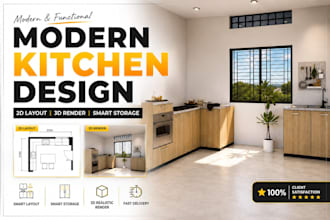 design modern small kitchen with 3d render and layout plan