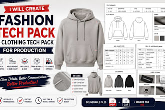 create fashion tech pack, flat sketch and clothing tech pack for production
