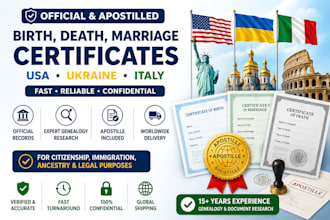 obtain apostilled birth, death, marriage certificates in USA, ukraine and italy