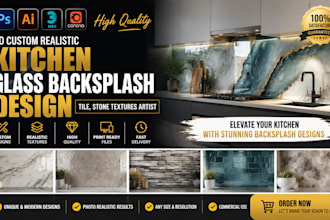 do custom realistic kitchen glass backsplash design, tile, stone textures artist