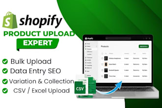 ecommerce product upload, CSV bulk import, shopify product listing, data entry
