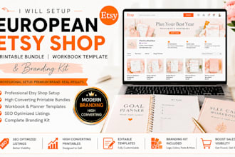 setup european etsy shop, printable bundle, etsy workbook template, branding kit