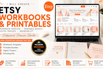 create etsy workbook template, printable bundle, digital tracker, branding kit