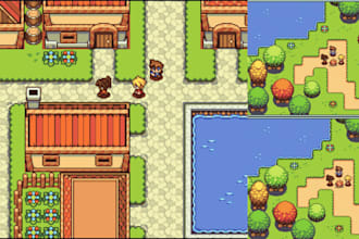 do 2d top down game pixel art tileset, tilemap, terrain, rpg game map, rpg maker