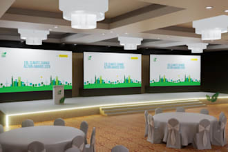 3d event venue, ballroom render, stage layout, conference hall, 3d visualization