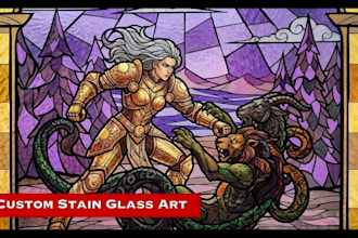create custom stained glass art, mosaic illustration of your character and logo