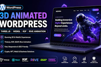 3d animated wordpress website, threejs, webgl, css, r3f,crypto, rive animation