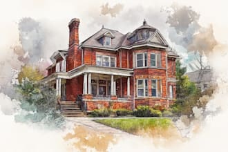 handmade watercolor painting of house, building